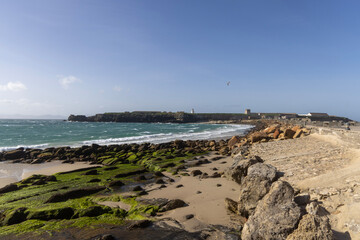 Beach at causeway between Mediterranean Sea and Atlantic Ocean, Punta de Tarifa,