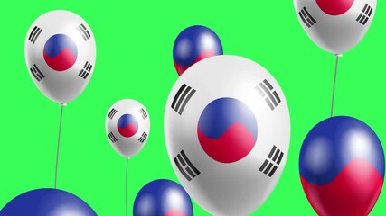 animated flying baloons with  south korea  flag  colors  on green background 4k video footage