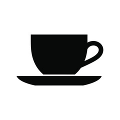 Simple black silhouette of a coffee cup and saucer