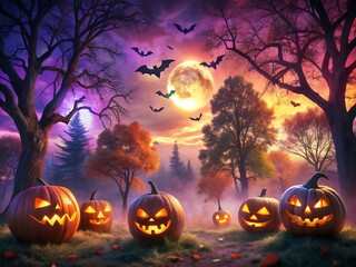 Fototapeta premium A spooky halloween night scene with glowing pumpkins bats flying in front of a full moon