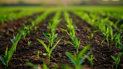 **Wheat Seedlings Emerging Evenly In Neat Rows Across A Small Green Field. Plants Are 2-3 Inches Tall. The Ground Still Visible Between Them. Soft Warm Lighting. --Ar 16:9 --V 6.0** - @Darya (Relaxed)