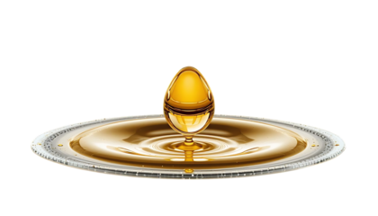 Amber liquid drop forming a crown on a plate isolated on transparent background