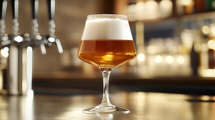 Elegant tulip glass filled with craft beer sitting on a bar top