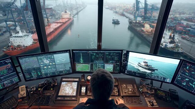A panoramic view of a busy port with vessels of different sizes docked while an operator uses a touchscreen interface to track and manage the traffic flow of ships in the harbor ensuring
