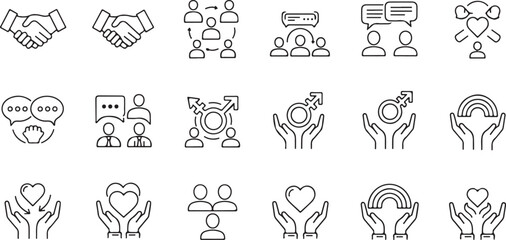 Collection of hand drawn business and social icons isolated on transparent background