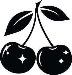 Stylish black and white illustration of two sparkling cherries.
