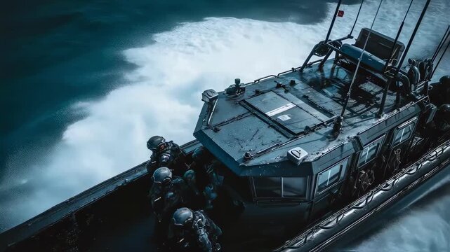 A dynamic side profile of the patrol boat in action showcasing its sturdy hull and powerful engines with crew members in tactical gear preparing to deploy a boarding team as tension