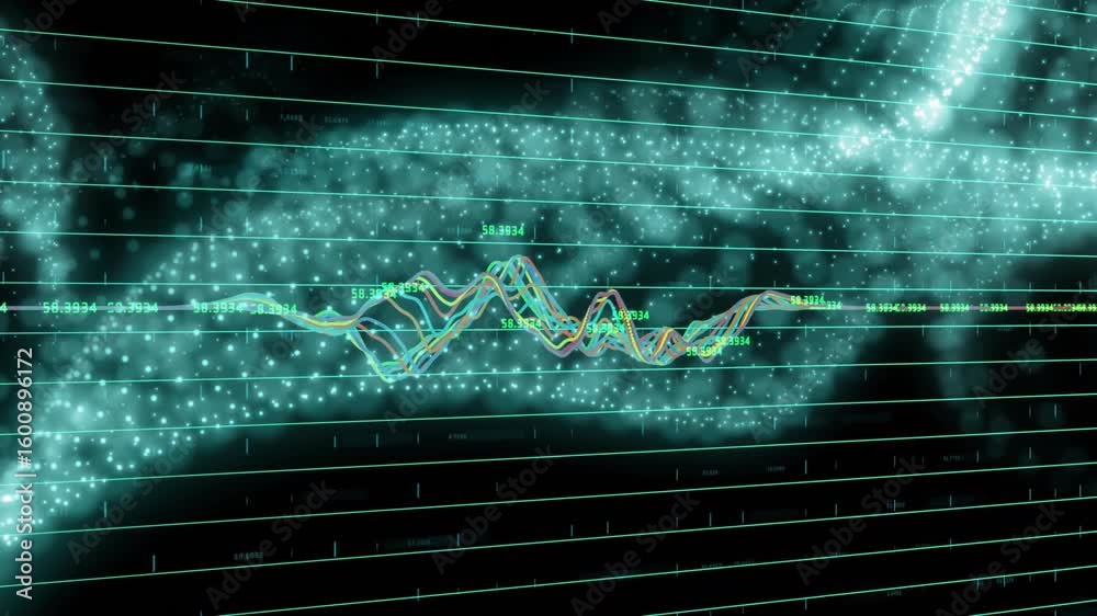 Poster multicolor waveform lines emerging at center oscillating against grid while labels updating values
