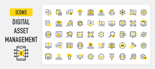 Digital asset management icons. Digital Asset, Database Table, Procession, Advanced Search, Workflow, Acceleration, Distribute, Cube, Digital Asset, Idea vector stroke illustration.	
