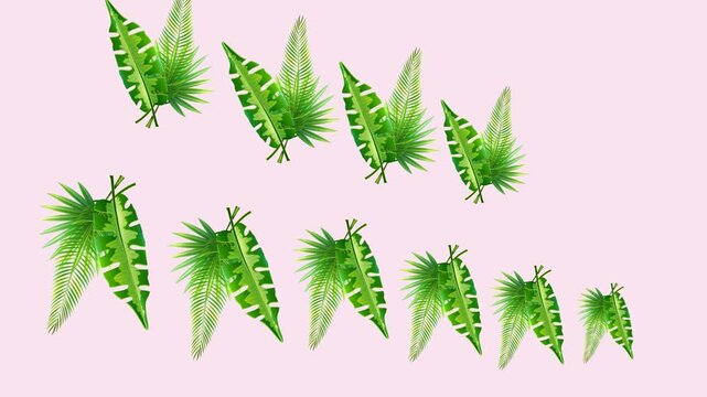 draw stylish design of sequence of red flower decorate with joining green leaf both side on pink screen background
