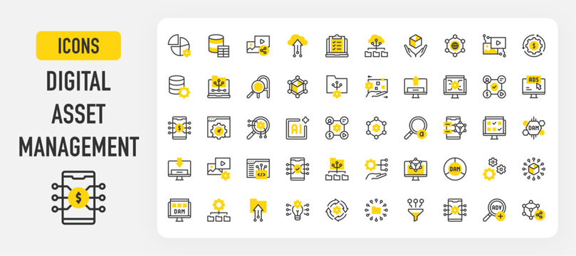 Digital asset management icons. Digital Asset, Database Table, Procession, Advanced Search, Workflow, Acceleration, Distribute, Cube, Digital Asset, Idea vector stroke illustration.	
