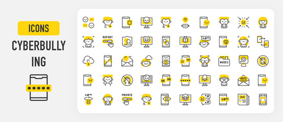 Cyberbullying icons. Overthinking, Report, Pressure, Camera, No Aggression, Hacker, Smartphones, Sad, Scam, Protection, Password, Attack vector stroke illustration.	
