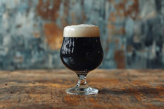 A close up photograph of a stout beer in a stemmed glass