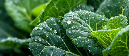 Lush green kale leaves with water droplets glistening in sunlight create a vibrant and fresh appearance highlighting nature's abundance and vitality