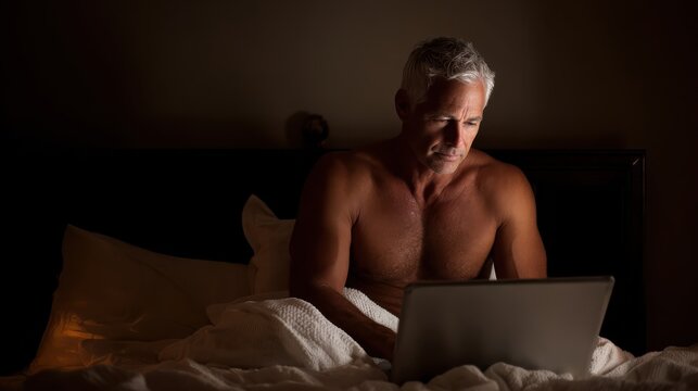 Mature man with laptop on the bed, no logos, no brands