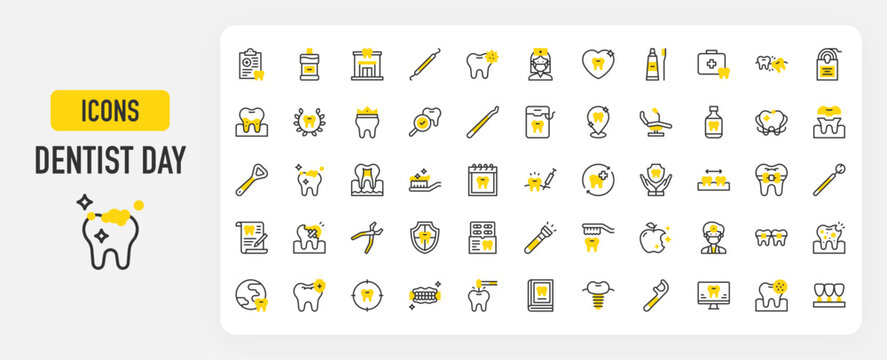 Dentist day icons. Tooth, Toothbrush, Prosthesis, Space, Floss, Dental Clinic, Drilling, Dental Crown, Impact, Apple, Nurse, Braces, Denture, Injection vector stroke illustration.	
