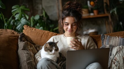 Happy relaxed hispanic teen girl student or freelancer relaxing sitting on couch holding laptop on lap working studying from home drinking tea, playing with cute pet cat in cozy sunny room on sofa., 