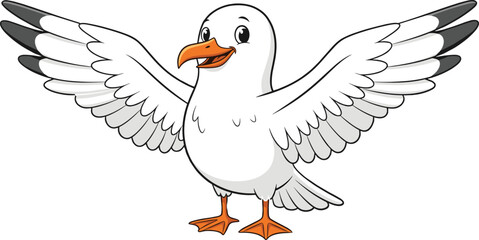 Cartoon seagull with wings spread, happy white bird illustration, orange beak and feet, isolated background, playful character, cute seagull drawing, vector animal art