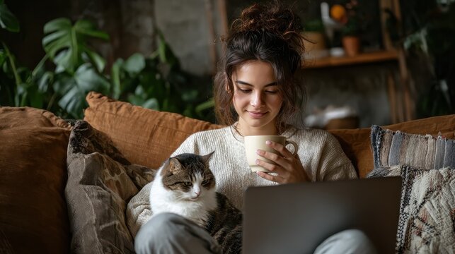Happy relaxed hispanic teen girl student or freelancer relaxing sitting on couch holding laptop on lap working studying from home drinking tea, playing with cute pet cat in cozy sunny room on sofa., - Powered by Adobe