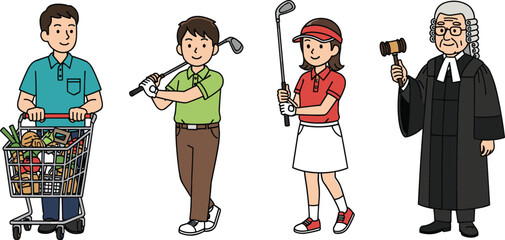 Cartoon characters of judge, golfer, shopper, professional roles illustration, vector image, colorful lifestyle concept, playful occupations artwork, engaging daily activities, fun design
