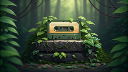Grunge-inspired retro radio cassette player with an old, isolated magnetic tape for vintage audio recording