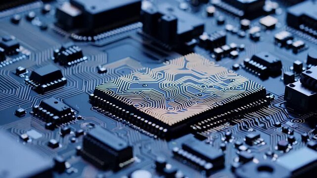 extreme close up 4K video CPU chip mounted computer motherboard highlighting micro circuitry AI powered processing representing futuristic hardware semiconductors deep learning