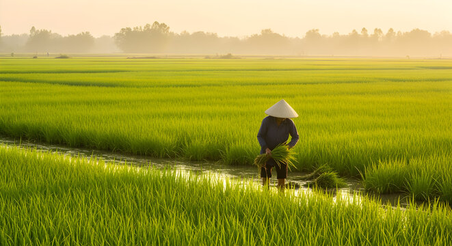 Traditional Asian Farmer Cultivating Vibrant Green Rice Paddy Field at Golden Hour Sunrise