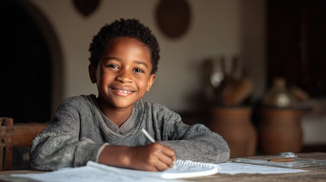 Smiling african american child school boy doing homework while sitting at desk at home. Generative AI