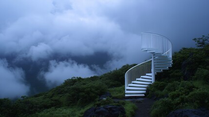 Spiraling staircase leads to the clouds amidst a misty mountain landscape in twilight