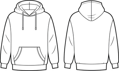 Hoodie template illustration, front and back view fashion design, sweatshirt mockup vector, stylish garment sketch, casual wear layout, apparel customization artwork, clothing concept