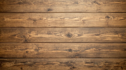 Fototapeta premium Brown wood texture. Abstract background. rustic, aged wooden surface. The planks are horizontal, displaying prominent wood grain patterns, knots, and natural imperfections.