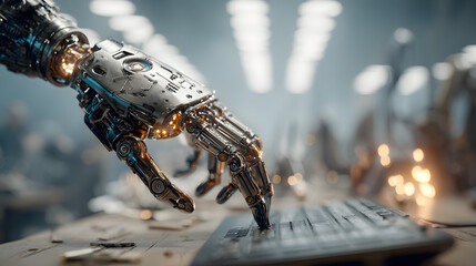 A robotic hand extends towards a keyboard in a modern office. Professionals engage in discussions, highlighting innovation and technology in a collaborative setting.Noogenesis