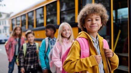 Happy children boarding school bus in bright clothing on a cheerful morning