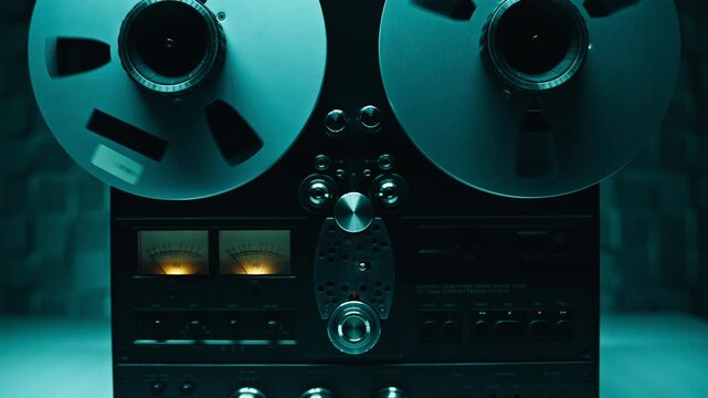 Classic tape machine working smoothly in studio neon light closeup. Man hand