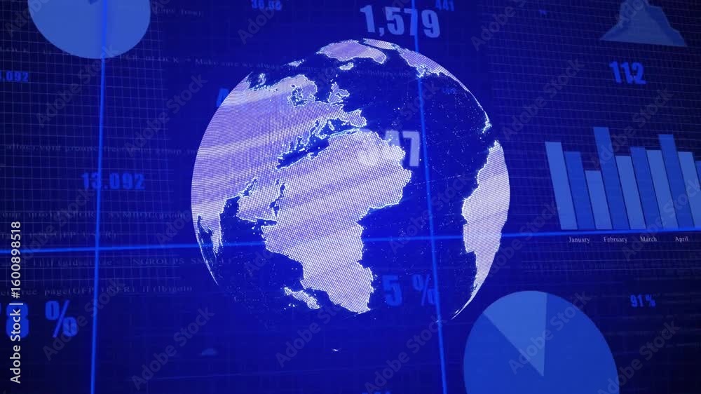 Poster starting with globe rotating eastward on blue grid shifting bar charts pie chart updating analytics