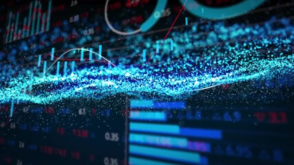 Blue particle stream sweeping from left edge, trend tracing, pie emerging, visualizing market data - Powered by Adobe