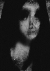 Scary horror woman portrait, blurred texture, fashion illustration