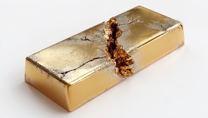 Minimalist 3D Render of a Cracked Gold Bar on White Background &mdash; Conceptual Digital Art for Wealth and Fragility Themes