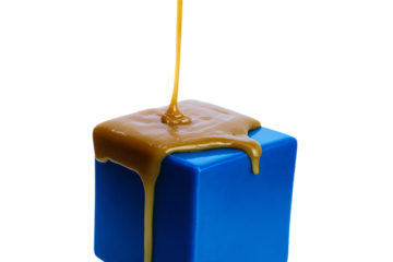 a blue box with a caramel dripping from it