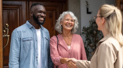 Smiling mature social counselor meeting mature couple at home. Happy multiethnic man and latin woman greeting agent at home standing near door. Successful social worker consultant on the doorstep., n