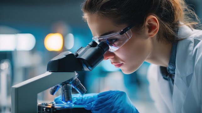 Young woman medical researcher looking through microscop slide in the life science (forensics, microbiology, biochemistry, genetics, oncology) laboratory. Medicine concept. , no logos, no brands