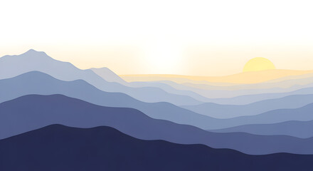 Serene Layered Blue Mountain Landscape with Golden Sun on Horizon. Minimalist Digital Illustration of Atmospheric Perspective, Tranquil Nature, and...
