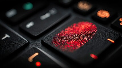Fingerprint breach attempt on cybersecurity laptop showing identity theft alert and biometric system vulnerability