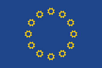 Flag of the European Union with gears instead of stars, representing collaboration in politics and economy. Golden yellow cogwheels arranged in a circle on an blue background. Vector illustration. 