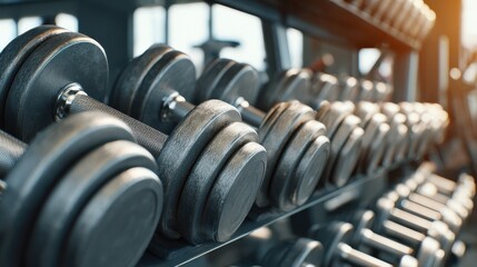 Gym interior background of dumbbells on rack in fitness and workout room.