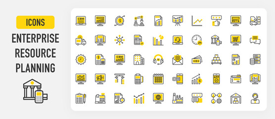 Enterprise resource planning icons. App, Distribution, CRM, Email, Sales, Project Management, Payment System, Human Resources, Invoice, Company, Digital vector stroke illustration.	
