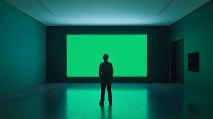 Obraz premium Silhouette man standing in dark gallery room watching green chroma screen installation art, A lone silhouette of a man stands in a dark modern gallery, observing a large screen in a minimal art 