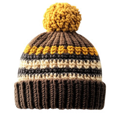 A textured knitted winter hat with a yellow pom pom isolated on a transparent background