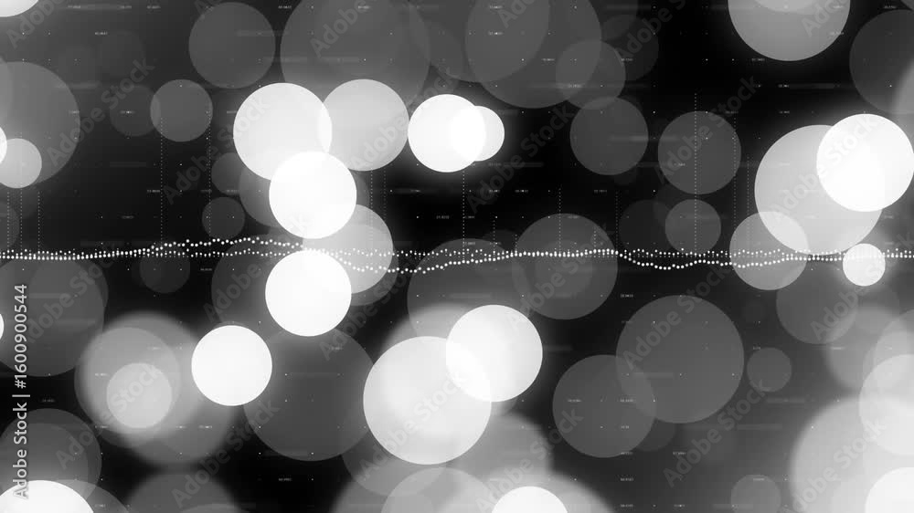 Poster opening on black canvas, bokeh circles drifting while dotted waveform undulating visualizing audio