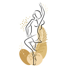 Silhouette of a cute lady and leaves of a plant. The girl is standing. The woman has a beautiful figure. She is young and slim. Vector illustration.